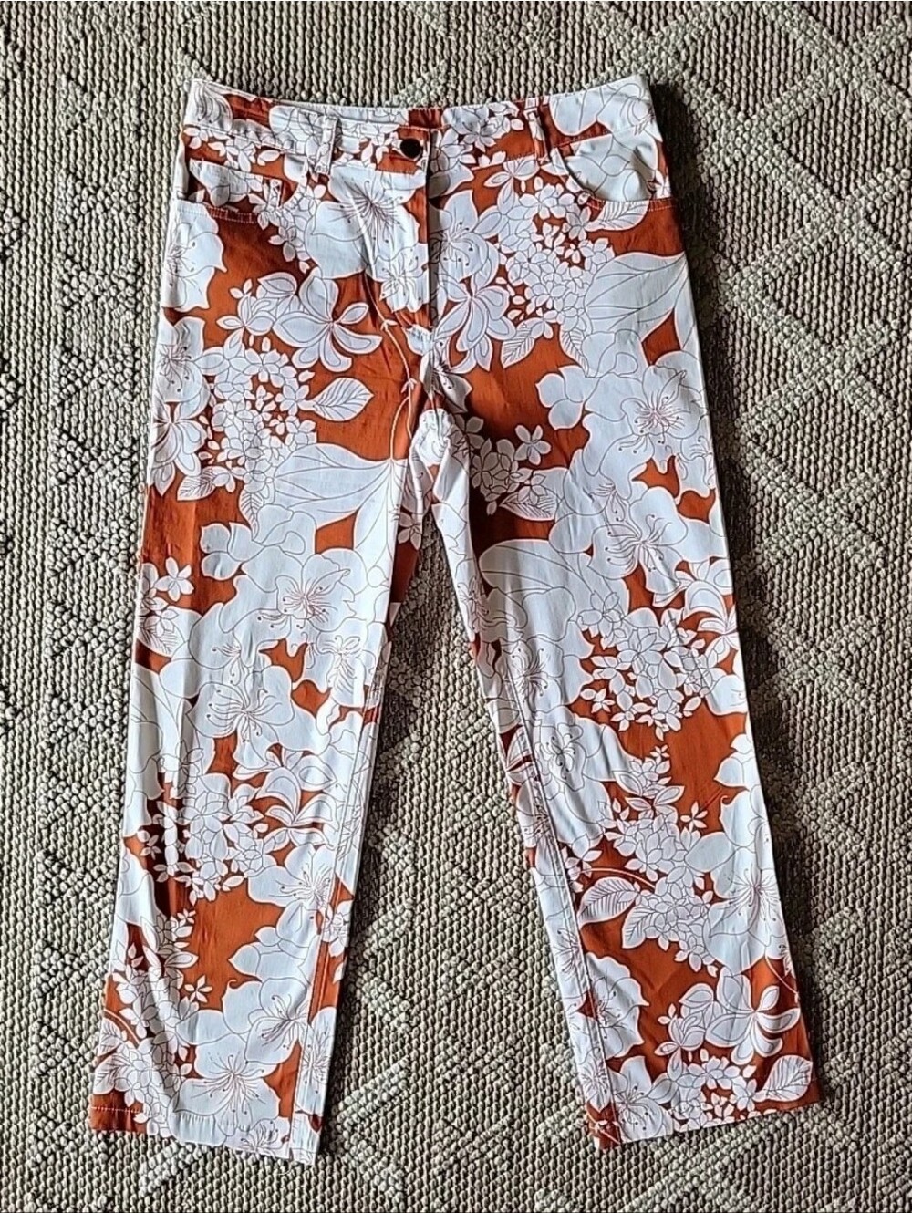 Theory Cropped Women's Pants Size 4 Orange & White Floral Pattern